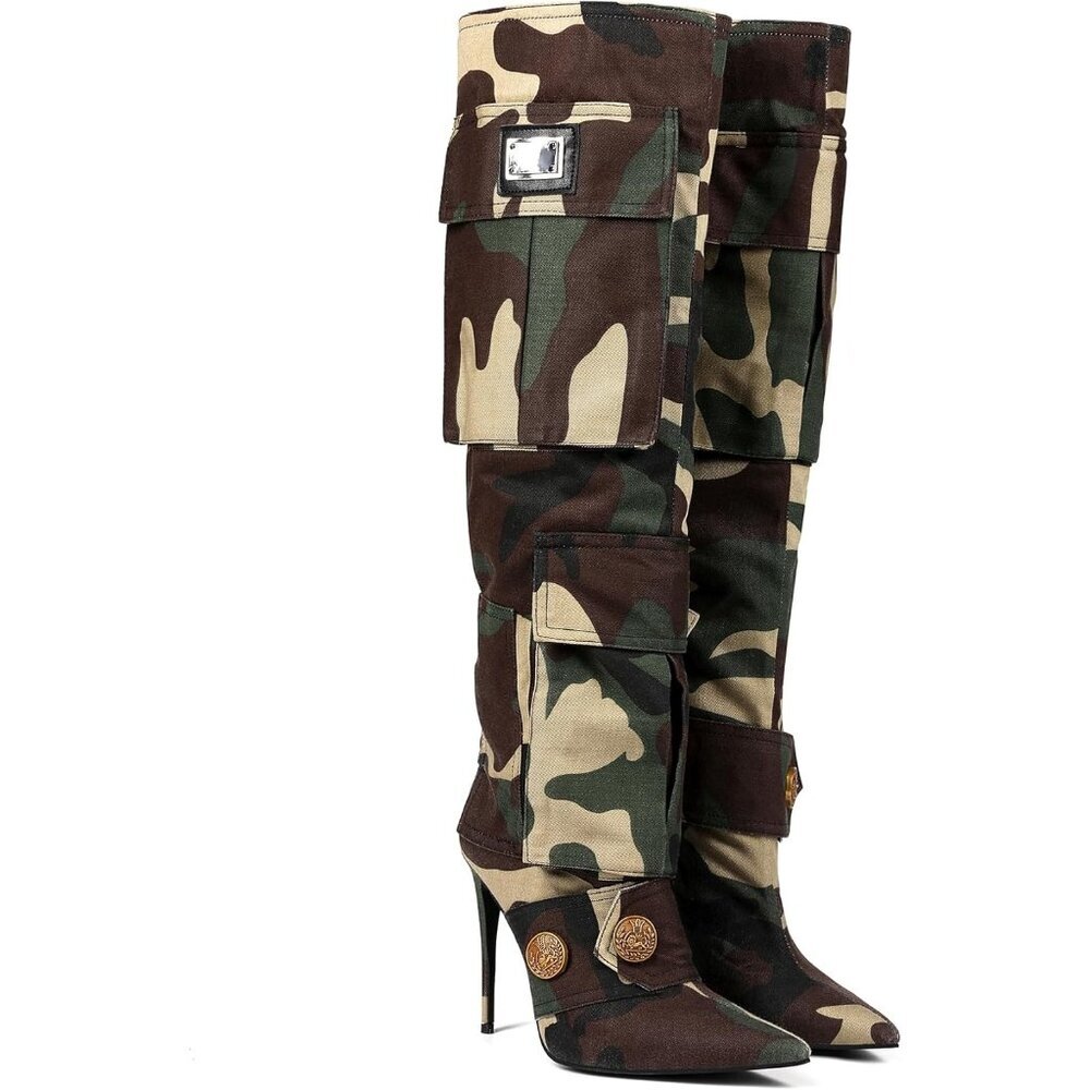 Women's Green Camouflage Green High Heel Knee-High Boots Pointed Toe Fashion